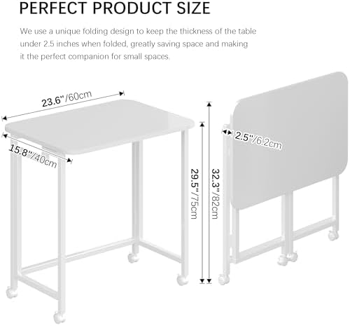 JSB Folding Desk for Small Spaces,Mobile Portable Rolling Laptop PC Table on Wheels,Foldable Computer Desk for Home Office,Bedroom,Dorm,Space Saving (All White, 23.6") - Image 2