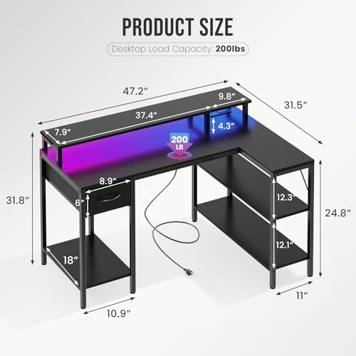 DUMOS Gaming Desk, Monitor Stand, LED Lights, Storage Shelves - Image 3