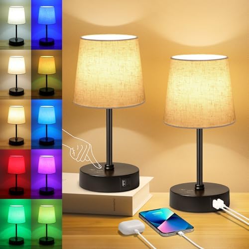 Ascher Small Bedside Table lamp Set of 2, RGB Color Changing Lamps, 3 Color Temperatures, Dimmable Nightstand Lamp with USB C+A Ports, Touch Desk Lamp for Bedroom Living Room, H11.4in(Flaxen Shade) by Ascher