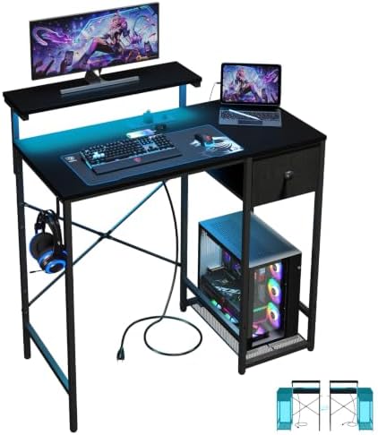X-cosrack 33.5" Small Gaming Desk with LED Lights & Power Outlets, Drawers by X-cosrack