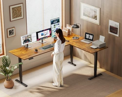 OffiGo 71 Inch Reversible L Shaped Electric Standing Desk, Rustic Brown - Image 2