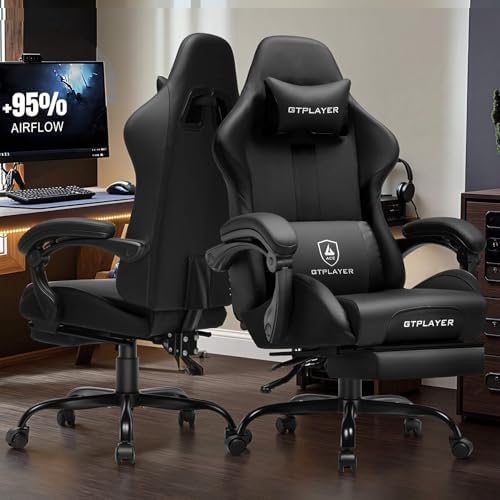 GTPLAYER Gaming Chair with Pocket Spring Cushion, Leather Office Chair with Ergonomic High Back & Lumbar Support for Back Pain Relief, Computer Game Chair for Adults, Black - Image 2