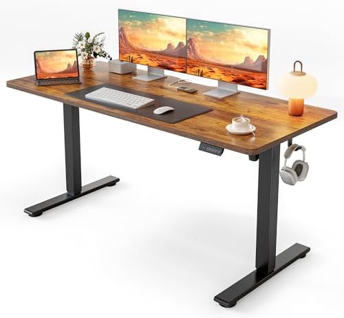 Cubiker Standing Desk, 55x24 Inches Sit Stand Home Office Desk, Electric Stand up Desk, Adjustable Desk with Splice Board, Black Frame/Rustic Brown Top by CubikerHomeOfficeFurniture