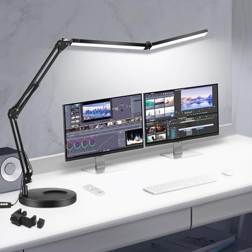 Toolour LED Desk Lamps for Home Office 2 in 1 Double Head Desk Lamp with Clamp Base,Remote Control,Dimmable Architect Clip on Desktop Computer Light Bar with Memory for Workbench Darkroom by Toolour