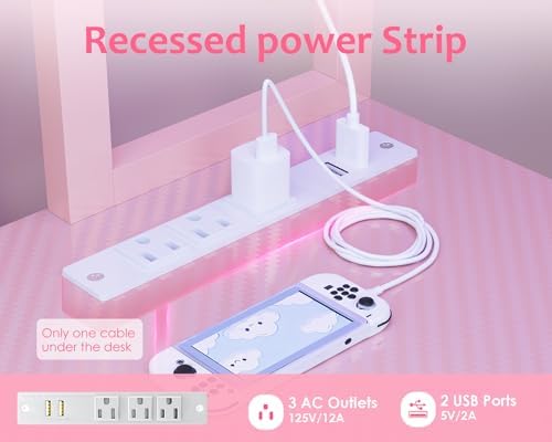 ODK 53" L Shaped Gaming Desk with Shelves, LED & Outlets, Pink - Image 6