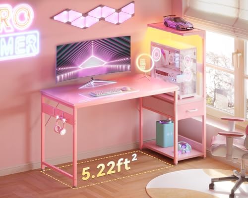 Casaottima 48 Inch Gaming Desk with Storage & LED Lights, Reversible Computer Desk with Display Shelves & Fabric Drawer, Modern Gamer Desk Table with Side Headphone Hook, Carbon Fiber Pink - Image 4