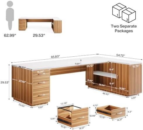 Tribesigns 85.8-Inch L-Shaped Executive Desk, White & Brown - Image 2