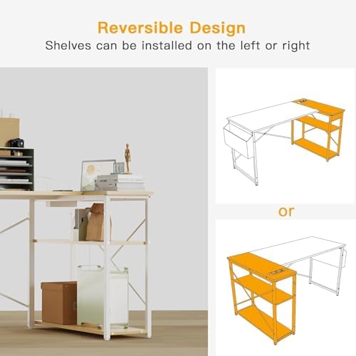 TIQLAB L Shaped Computer Desk with Power Outlets, 55 Inch Small Corner Desk with Reversible Shelves, Gaming Desk Computer Table Study Writing Desk for Home Office Small Space, Beige - Image 4
