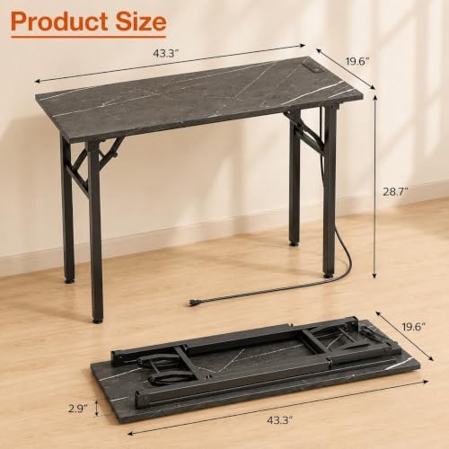 Folding Table Computer Desk - 43.3" No Assembly Folding Desk with Power Outlets & USB Charging Port, Small Desk, Foldable Office Desk, Compact Storage Portable Use for Small Space, Marble Greige - Image 3