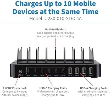Eaton Tripp Lite series 10-Port USB Charging Station with Storage Brackets for Multi Device Family, 6 USB-C & 4 USB-A Ports, 120W, Compatible with iPhone, iPad, Galaxy, Pixel, & More (U280-010-ST6C4A) - Image 2