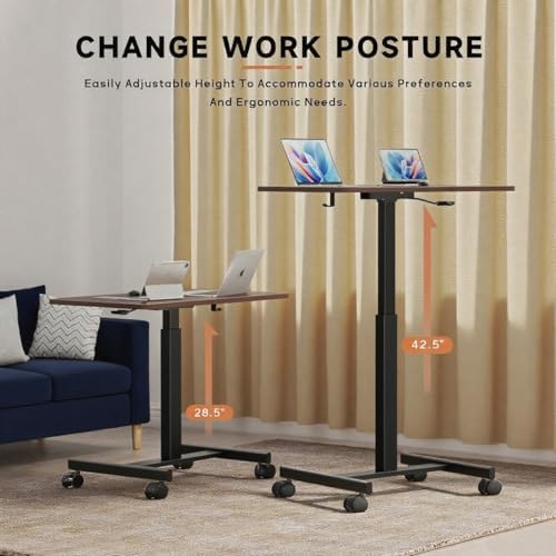 Mobile Small Standing Desk,Gas Spring Adjustable Height Rolling Portable Laptop Desk with Lockable Wheels, Computer Workstation for Home Office, Dark Walnut - Image 4
