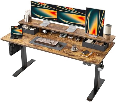 TIQLAB Standing Desk with Two Drawers, Stand Up Standing Desk Adjustable Height, Electric Sit Stand Table with Storage Shelf and Splice Board, 63 * 24 inch, Rustic Brown by TIQLAB