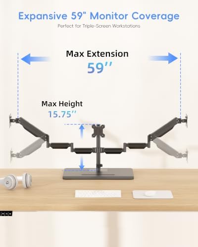 suptek Triple Monitor Mount Gas Spring Monitor Arm Desk Stand with Base - Image 3