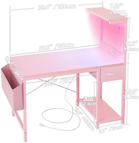 TIQLAB Gaming Desk 40 inch with Power Outlet and LED Light, Computer Desk with Reversible Shelves and Storage Drawer, Small PC Desk for Home Office Table with Bag, Carbon Fiber Pink - Image 3
