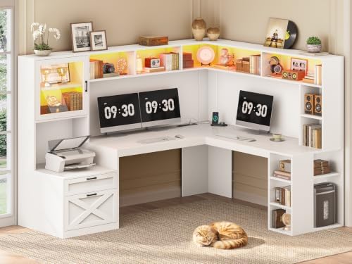 SEDETA 68" Farmhouse L Shaped Office Desk with Hutch, Drawers, Storage by SEDETA