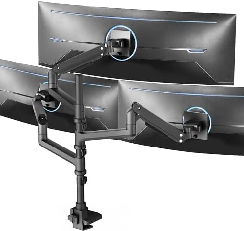 VIVO Pneumatic Arm Triple Ultrawide Monitor Extra Tall Desk Mount for Up to 49 inch Screens, Heavy Duty Clamp, Holds 3 Ultra Wides Up to 44 lbs, Black, STAND-V300D by VIVO