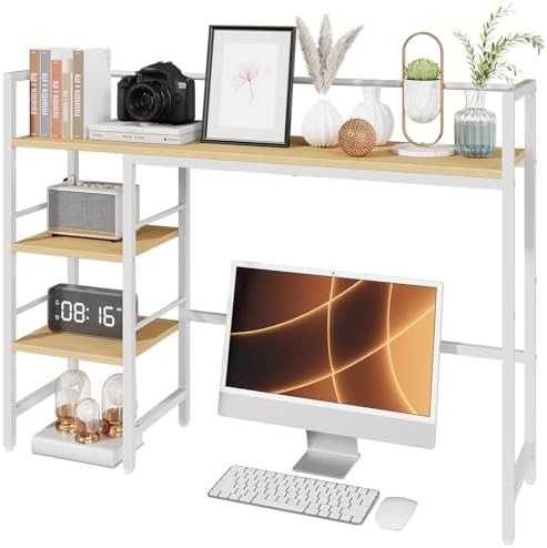HavenlyYouth Desk Shelf, 38.6 Inch Wood Desk Organizer Shelf for Computer Monitor, Desk Hutch Storage, Desktop Shelf for Top of Desk, 3 Tier Desktop Bookshelf for Home Office Dorm, White by HAVENLYYOUTH