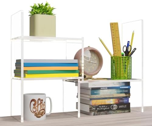 My Space Organizers Adjustable Acrylic Desk Shelf for Top of Desk: Clear Desktop Shelf, Premium Desktop Bookshelf Organizer, Office Table Book Shelves by MySpaceOrganizers