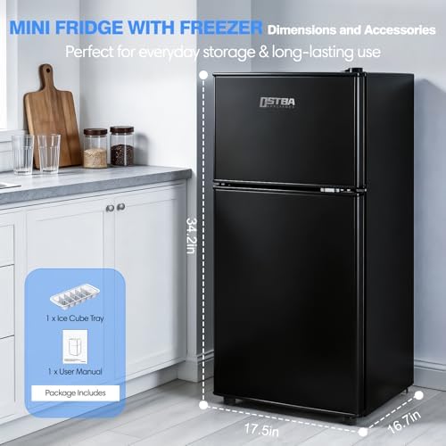 OSTBA Mini Fridge with Freezer - 3.2 Cu.ft 2-Door Upright Freezer, Compact Refrigerator with 2 Removable Shelves 7 Level Adjustable Thermostat, Removable Shelves for Bedroom Office Apartment, Black - Image 6