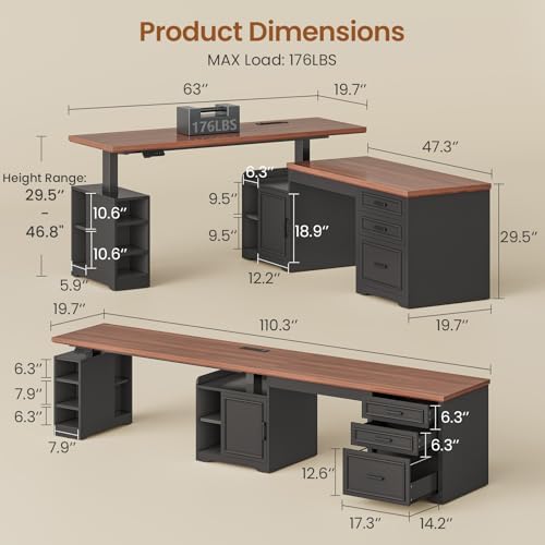SEDETA Farmhouse L Shaped Electric Standing Desk, 63" x 67" Height Adjustable Office Executive Desk with Drawers and Shelves, Standing Computer Desks with Power Outlet for Home Office, Black+Brown - Image 2
