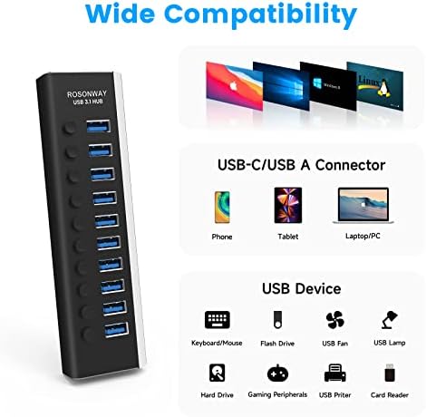 Rosonway 10-Port Powered USB 3.2 Hub 10Gbps,Aluminum USB Hub 36W, RSH-A10S - Image 4