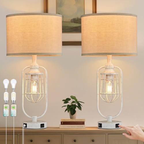 24" Antique Farmhouse Table Lamps Set of 2 for Living Room, USB A+C by SRJJRS
