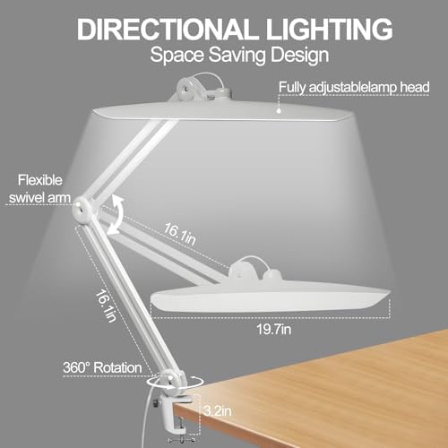 20" LED Desk Lamp with Clamp, 24W CCT Adjustable Dimmable Nail Light for Desk, 120 LEDs Metal Swivel Arm Daylight for for Nail Tech Task Home Office Reading Architect Craft, White - Image 5