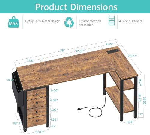 Lufeiya L Shaped Computer Desk with Drawers & Storage Shelves, 55 Inch Corner Desk with Power Outlet for Home Office Bedroom, L-Shaped Teen PC Gaming Desks with Fabric Drawer, Rustic Brown - Image 3