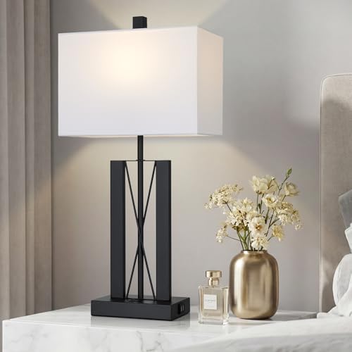 Lolikit 25" Table Lamps for Living Room Set of 2, Modern Table Lamp with 2 USB Charging Ports, Nightstand Geometric Bedside Lamp with White Shade for Bedroom End Table Desk Office(2 LED Bulb Included) - Image 5