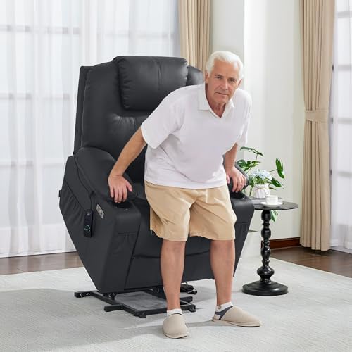 MCombo Power Lift Recliner Chair for Elderly, Lift Chair with Heat and Massage, FSC Certified, USB Ports, Cup Holders, Faux Leather 7040 (Black, Medium) - Image 2