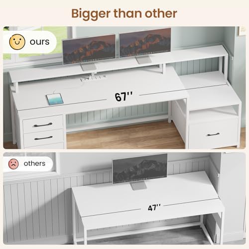 SEDETA Computer Desk with 5 Drawer, Power Outlet, Led Lights, White - Image 4