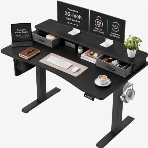 Grandder Electric Standing Desk with Two Drawers, Curved Sit to Stand Up Height Adjustable Desk with Storage Shelf for Home Office, 47 * 26 Inch, Study, Ergonomic Adjustable Computer Desk, Black by Grandder