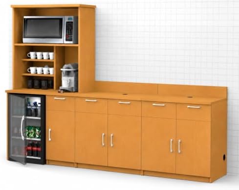 BREAKtime Breakroom Kitchenette Cabinet with 4-Door Storage, Mini Fridge Space & Upper Hutch, Microwave Space, Fully Assembled, 90" W x 24" D x 75" H, Appliances Not Included, Beech - Image 4