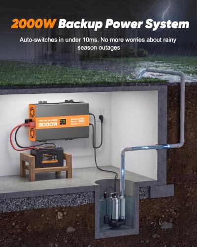 2000W Sump Pump Battery Backup, Uninterruptible Power Source with Pure Sine Wave Inverter & LCD, 10ms Auto Switch - Image 3