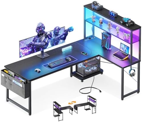 ODK 61" L Shaped Gaming Computer Desk with Shelves, LED & Outlets, Black by ODK