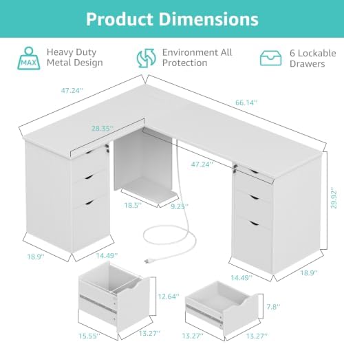 66" L Shaped Desk with 6 Lockable Drawers, White Corner Executive Desk - Image 3