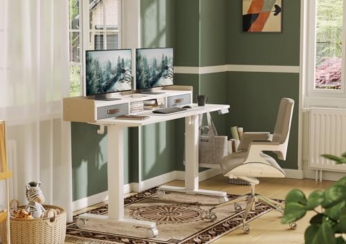 Claiks Standing Desk with Drawers & Wheels, 2 Height Shelf 59inch White - Image 2