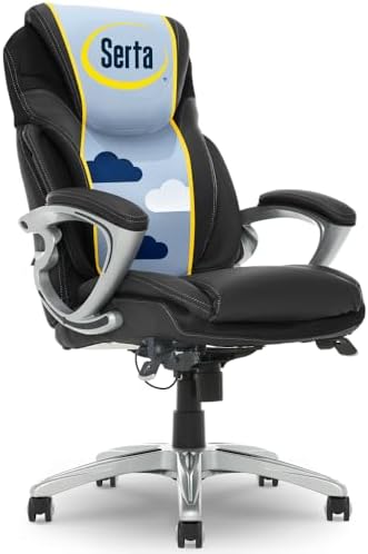 Serta Bryce Executive Office Chair, Ergonomic Computer Desk Chairs with Patented AIR Lumbar Support, Comfy Body Pillows, Height Adjustable, Swivel Base with Wheels, Bonded Leather, Black by Serta