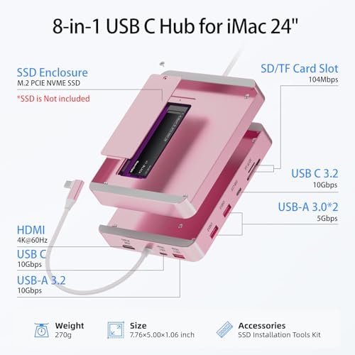 8-in-1 USB-C Hub for 24-inch iMac (2024/2023/2021), M.2 SSD Expansion, 10Gbps USB-A/C 3.2, 4K HDMI, SD/TF – Docking Station for iMac M1, M3, M4 (SSD Not Included) - Image 2