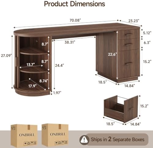 ONBRILL 70" Fluted Executive Desk with File Drawers (Walnut) - Image 2