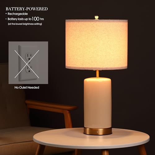 O’Bright Dune - Battery Powered Table Lamp, Rechargeable Cordless Ceramic Lamp, Full-Size 24 Inch Height, 4-Level Dimming, Smart Safety Protection, Type-C Fast Charging, LED Bulb Included, Cream White - Image 2