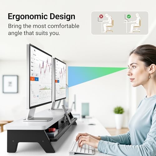 AFOOYO Dual Monitor Stand Riser,LED 2-Tier 39.3 Inch Computer Monitor Stand for 2 Monitors,Office Desktop Organizer with Storage Drawer and Phone Holder for Laptop,PC,Computer,Printer,White - Image 6