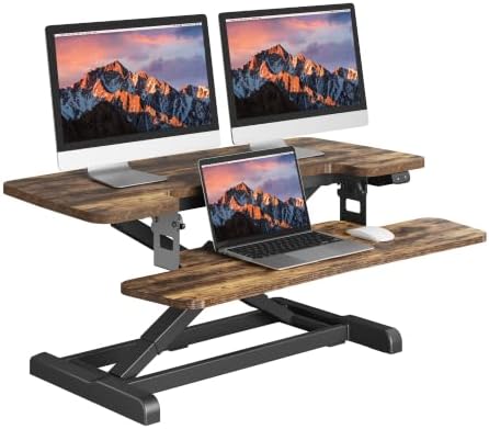 SANODESK Standing Desk Converter with Electric Motor 35" Height Adjustable Desk Riser for Office Home,Monitor and Laptop Workstation with Large Keyboard Tray, Rustic Color by sanodesk