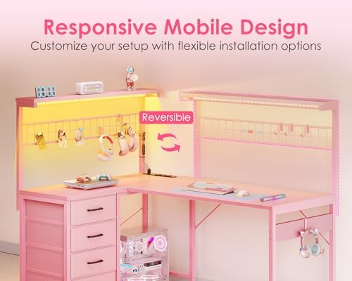 MOTPK 43" L Shaped Gaming Desk with Shelf & 4 Drawers, Carbon Fiber Pink - Image 6