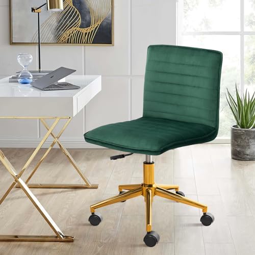 Furniliving Armless Vanity Chair with Wheels, Computer Rolling Desk Chair with Back Soft Velvet Fabic Height Adjustable Gold Metal Base Swivel Stool Chairs,DarkGreen by FurnilivingFurnitureforHome