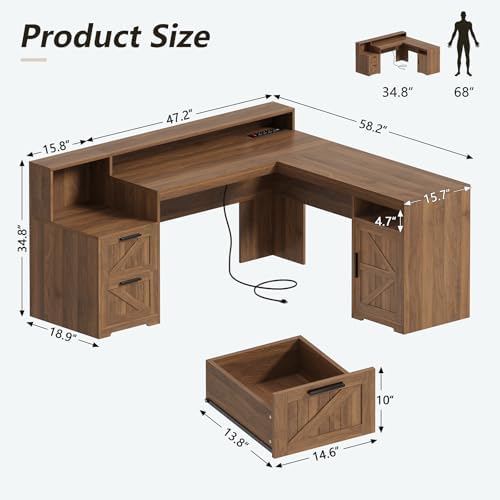Farmhouse L Shaped Desk with Drawers & Printer Shelf for Home Office - Image 2