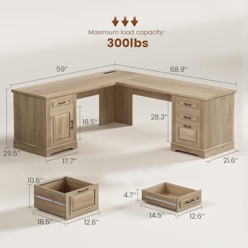 Itaar Farmhouse L Shaped Desk, Executive Computer Desk with Drawers and Storage Cabinet, Home Office Desk with File Drawer and Power Outlet, Corner Desk, Workstation for Office Home, Oak - Image 2