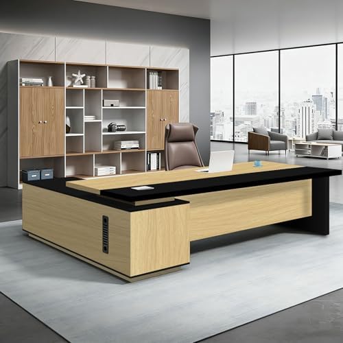 L Shaped Executive Desk with Drawers, Large Office Desk with Storage Cabinet, Wood L Shape Desk for Home Office or Business Workspace, Left or Right Cabinet Option, Multiple Sizes & Colors by Unknown