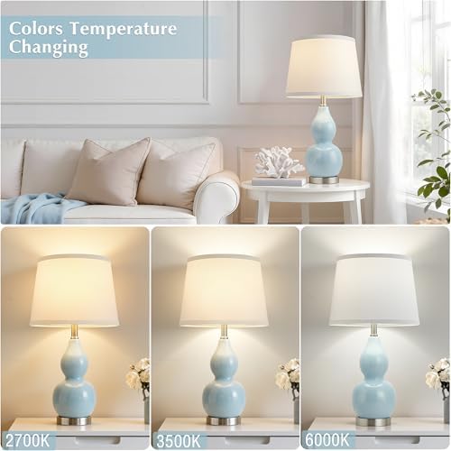 GyroVu 22" Table Lamp Set of 2, Color Temperature Adjustable Double Gourd Ceramic Lamps Classic Nightstand Table Lamps for Bedroom Beside Lamps for Living Room, Sky Blue-Bulbs Included - Image 2