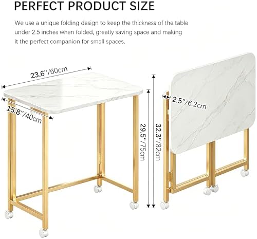JSB Folding Desk for Small Spaces,Mobile Portable Rolling Laptop PC Table on Wheels,Foldable Computer Desk for Home Office,Bedroom,Dorm,Space Saving (White&Gold, 23.6") - Image 2